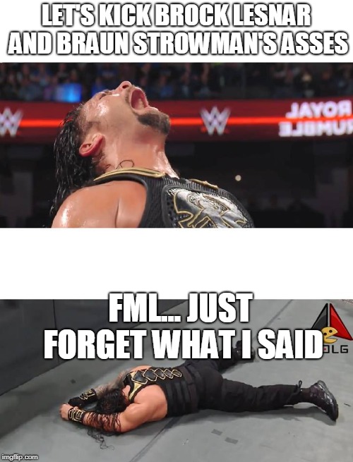 Roman Reigns | LET'S KICK BROCK LESNAR AND BRAUN STROWMAN'S ASSES; FML... JUST FORGET WHAT I SAID | image tagged in roman reigns | made w/ Imgflip meme maker
