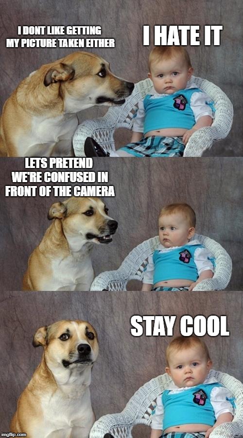 Dad Joke Dog Meme | I HATE IT; I DONT LIKE GETTING MY PICTURE TAKEN EITHER; LETS PRETEND WE'RE CONFUSED IN FRONT OF THE CAMERA; STAY COOL | image tagged in memes,dad joke dog | made w/ Imgflip meme maker