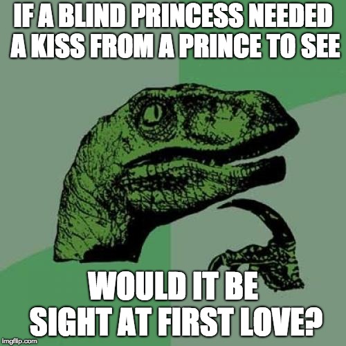 Philosoraptor Meme | IF A BLIND PRINCESS NEEDED A KISS FROM A PRINCE TO SEE; WOULD IT BE SIGHT AT FIRST LOVE? | image tagged in memes,philosoraptor | made w/ Imgflip meme maker