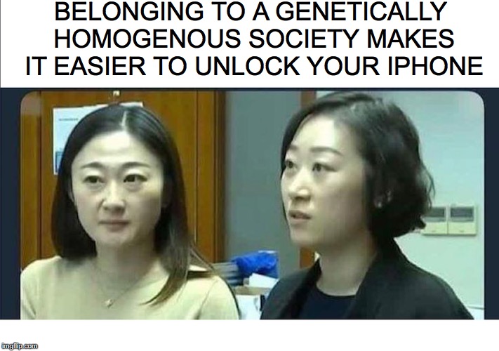 Facial ID allows doppelgänger to unlock woman's iPhone  | BELONGING TO A GENETICALLY HOMOGENOUS SOCIETY MAKES IT EASIER TO UNLOCK YOUR IPHONE | image tagged in true story,iphone,china,doppelgnger | made w/ Imgflip meme maker