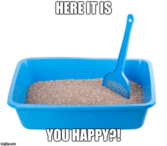 Cat litter | HERE IT IS YOU HAPPY?! | image tagged in cat litter | made w/ Imgflip meme maker