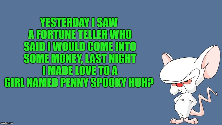 she foretold the future  | YESTERDAY I SAW A FORTUNE TELLER WHO SAID I WOULD COME INTO SOME MONEY, LAST NIGHT I MADE LOVE TO A GIRL NAMED PENNY SPOOKY HUH? | image tagged in the brain,joke | made w/ Imgflip meme maker