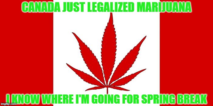 Smoke Weed Everyday, Eh? | CANADA JUST LEGALIZED MARIJUANA; I KNOW WHERE I'M GOING FOR SPRING BREAK | image tagged in canada,marijuana,420 | made w/ Imgflip meme maker