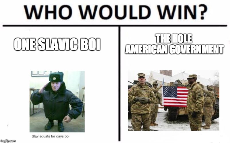 Who Would Win? | THE HOLE AMERICAN GOVERNMENT; ONE SLAVIC BOI | image tagged in memes,who would win | made w/ Imgflip meme maker