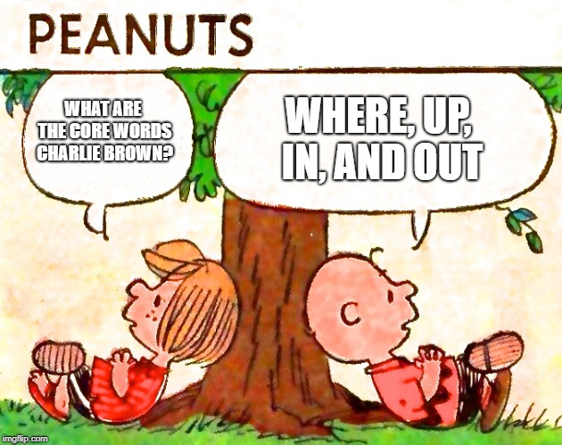 Peanuts Charlie Brown Peppermint Patty | WHERE, UP, IN, AND OUT; WHAT ARE THE CORE WORDS CHARLIE BROWN? | image tagged in peanuts charlie brown peppermint patty | made w/ Imgflip meme maker