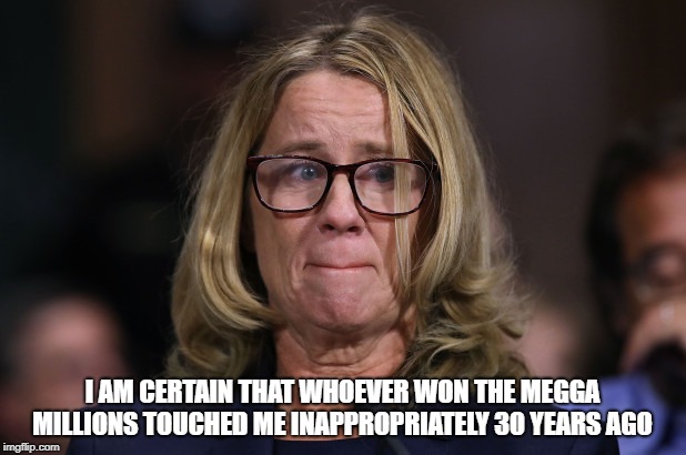 Christine Blasey Ford | I AM CERTAIN THAT WHOEVER WON THE MEGGA MILLIONS TOUCHED ME INAPPROPRIATELY 30 YEARS AGO | image tagged in christine blasey ford | made w/ Imgflip meme maker