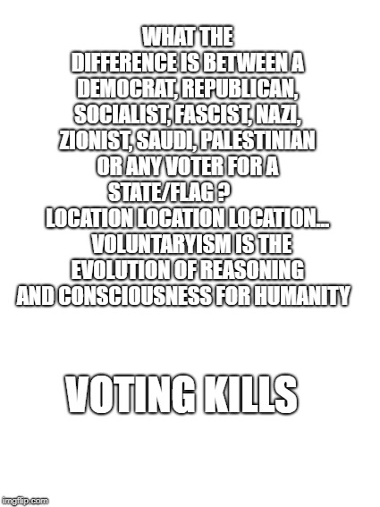 blank space | WHAT THE DIFFERENCE IS BETWEEN A DEMOCRAT, REPUBLICAN, SOCIALIST, FASCIST, NAZI, ZIONIST, SAUDI, PALESTINIAN OR ANY VOTER FOR A STATE/FLAG ?          LOCATION LOCATION LOCATION...   VOLUNTARYISM IS THE EVOLUTION OF REASONING AND CONSCIOUSNESS FOR HUMANITY; VOTING KILLS | image tagged in blank space | made w/ Imgflip meme maker