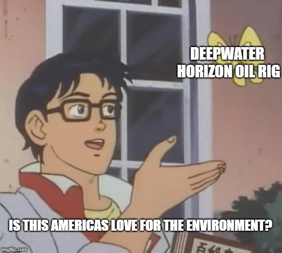 Is This A Pigeon | DEEPWATER HORIZON OIL RIG; IS THIS AMERICAS LOVE FOR THE ENVIRONMENT? | image tagged in memes,is this a pigeon | made w/ Imgflip meme maker