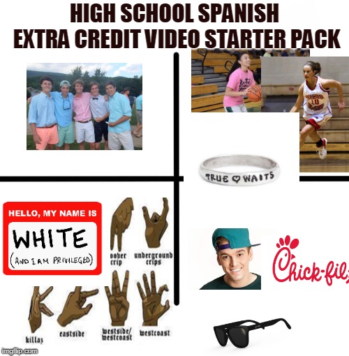 Blank Starter Pack |  HIGH SCHOOL SPANISH EXTRA CREDIT VIDEO STARTER PACK | image tagged in memes,blank starter pack,spanish class,white people,gang signs,frat boy | made w/ Imgflip meme maker