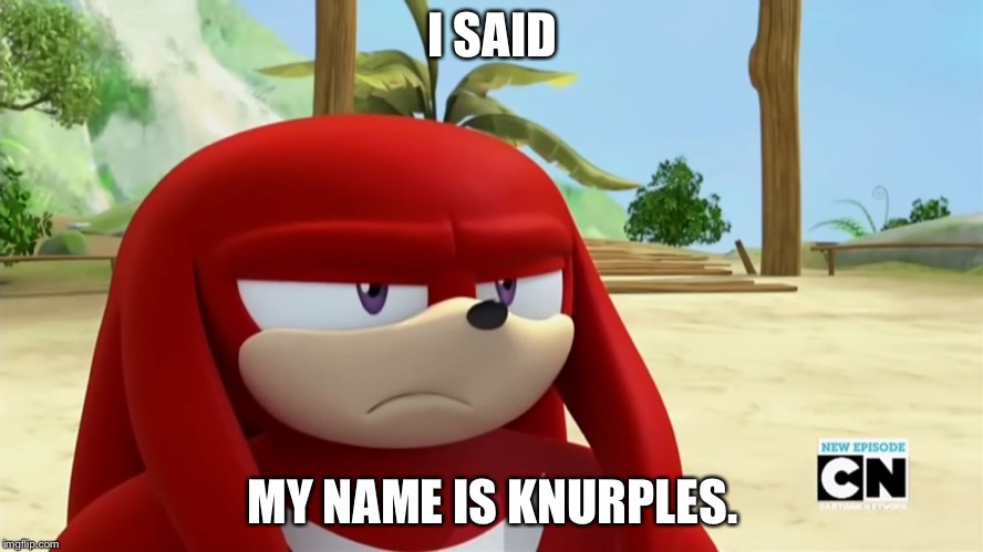 Knuckles is not Impressed - Sonic Boom | I SAID; MY NAME IS KNURPLES. | image tagged in knuckles is not impressed - sonic boom | made w/ Imgflip meme maker