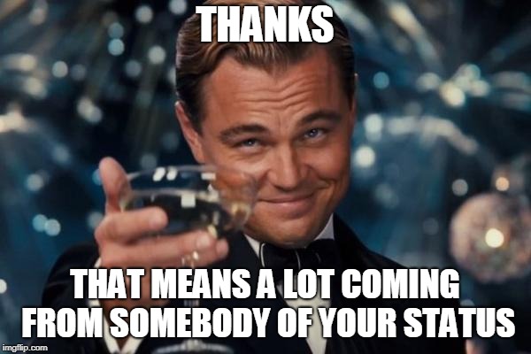 Leonardo Dicaprio Cheers Meme | THANKS THAT MEANS A LOT COMING FROM SOMEBODY OF YOUR STATUS | image tagged in memes,leonardo dicaprio cheers | made w/ Imgflip meme maker