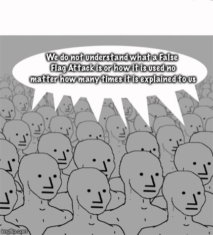 False Flag NPC | We do not understand what a False Flag Attack is or how it is used no matter how many times it is explained to us | image tagged in npcprogramscreed,npc,sjw,snowflakes,liberals,msm | made w/ Imgflip meme maker