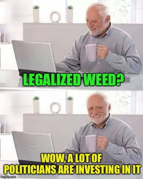 Hide the Pain Harold Meme | LEGALIZED WEED? WOW, A LOT OF POLITICIANS ARE INVESTING IN IT | image tagged in memes,hide the pain harold | made w/ Imgflip meme maker