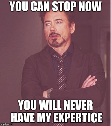 Face You Make Robert Downey Jr | YOU CAN STOP NOW; YOU WILL NEVER HAVE MY EXPERTICE | image tagged in memes,face you make robert downey jr | made w/ Imgflip meme maker