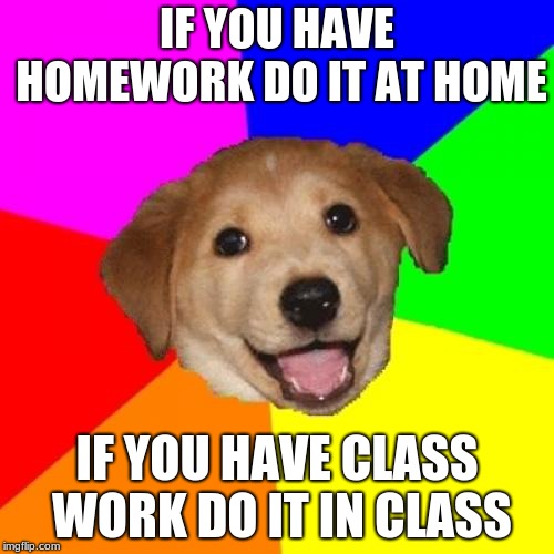 Advice Dog Meme | IF YOU HAVE HOMEWORK DO IT AT HOME; IF YOU HAVE CLASS WORK DO IT IN CLASS | image tagged in memes,advice dog | made w/ Imgflip meme maker