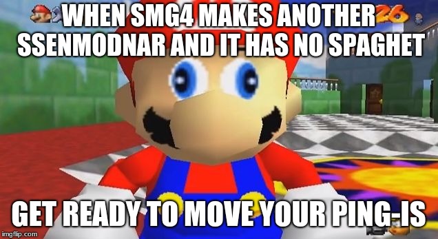 get ready to move your ping-is | WHEN SMG4 MAKES ANOTHER SSENMODNAR AND IT HAS NO SPAGHET; GET READY TO MOVE YOUR PING-IS | image tagged in smg4 retarded mario | made w/ Imgflip meme maker