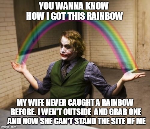 Joker Rainbow Hands | YOU WANNA KNOW HOW I GOT THIS RAINBOW; MY WIFE NEVER CAUGHT A RAINBOW BEFORE. I WEN'T OUTSIDE  AND GRAB ONE  AND NOW SHE CAN'T STAND THE SITE OF ME | image tagged in memes,joker rainbow hands | made w/ Imgflip meme maker