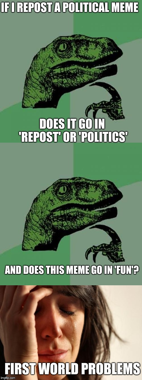i'll just send it in all three | IF I REPOST A POLITICAL MEME; DOES IT GO IN 'REPOST' OR 'POLITICS'; AND DOES THIS MEME GO IN 'FUN'? FIRST WORLD PROBLEMS | image tagged in philosoraptor,first world problems,fun,repost,politics | made w/ Imgflip meme maker