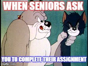 tom and jerry | WHEN SENIORS ASK; YOU TO COMPLETE THEIR ASSIGNMENT | image tagged in tom and jerry | made w/ Imgflip meme maker