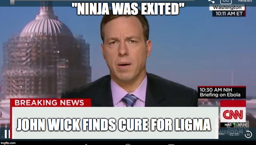 cnn breaking news template | "NINJA WAS EXITED"; JOHN WICK FINDS CURE FOR LIGMA | image tagged in cnn breaking news template | made w/ Imgflip meme maker