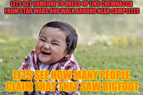 Evil Toddler Meme | LETS GET SOMEONE TO DRESS UP LIKE CHEWBACCA FROM STAR WARS AND WALK AROUND NEAR CAMPSITES; LETS SEE HOW MANY PEOPLE CLAIM THAT THEY SAW BIGFOOT | image tagged in memes,evil toddler | made w/ Imgflip meme maker