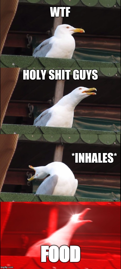 Inhaling Seagull | WTF; HOLY SHIT GUYS; *INHALES*; FOOD | image tagged in memes,inhaling seagull | made w/ Imgflip meme maker
