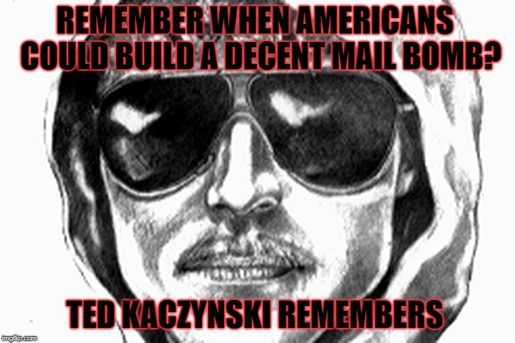 unibomber | REMEMBER WHEN AMERICANS  COULD BUILD A DECENT MAIL BOMB? TED KACZYNSKI REMEMBERS | image tagged in ted kaczynski,unibomber,mailbombs | made w/ Imgflip meme maker
