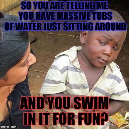 Third World Skeptical Kid Meme | SO YOU ARE TELLING ME YOU HAVE MASSIVE TUBS OF WATER JUST SITTING AROUND; AND YOU SWIM IN IT FOR FUN? | image tagged in memes,third world skeptical kid | made w/ Imgflip meme maker
