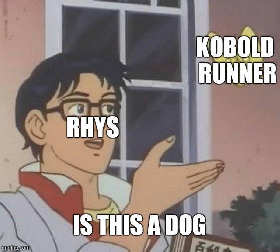 Is This A Pigeon | KOBOLD RUNNER; RHYS; IS THIS A DOG | image tagged in memes,is this a pigeon | made w/ Imgflip meme maker