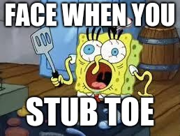 Sponge bob cooks patties | FACE WHEN YOU; STUB TOE | image tagged in sponge bob cooks patties | made w/ Imgflip meme maker