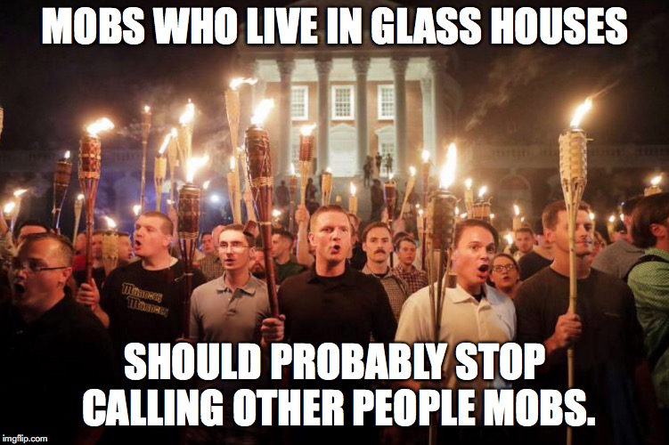 Jobs not Mobs | MOBS WHO LIVE IN GLASS HOUSES; SHOULD PROBABLY STOP CALLING OTHER PEOPLE MOBS. | image tagged in nazi,charlottesville,jobsnotmobs,angry mob,donald trump,republicans | made w/ Imgflip meme maker