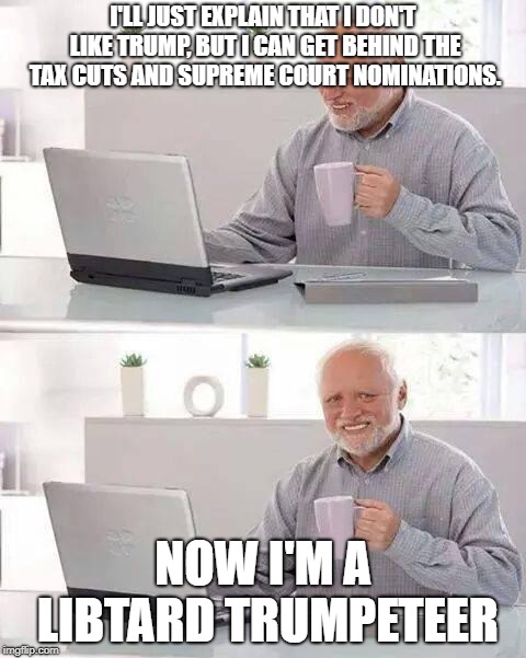 Either you are one extreme or the other.  No room for anyone in the middle anymore. | I'LL JUST EXPLAIN THAT I DON'T LIKE TRUMP, BUT I CAN GET BEHIND THE TAX CUTS AND SUPREME COURT NOMINATIONS. NOW I'M A LIBTARD TRUMPETEER | image tagged in memes,hide the pain harold,funny,funny memes | made w/ Imgflip meme maker