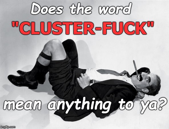 It took over nine hours for Caltrans, CHP, NTSB & FAA to clear the wreckage of one small plane from US 101 Freeway yesterday. | Does the word; "CLUSTER-FUCK"; mean anything to ya? | image tagged in reclining groucho,cluster-fuck,alphabet soup,oi gevelt,just be happy you weren't flying the plane,douglie | made w/ Imgflip meme maker