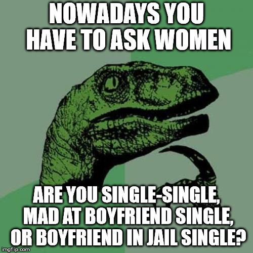 You just never know. | NOWADAYS YOU HAVE TO ASK WOMEN; ARE YOU SINGLE-SINGLE, MAD AT BOYFRIEND SINGLE, OR BOYFRIEND IN JAIL SINGLE? | image tagged in memes,philosoraptor | made w/ Imgflip meme maker