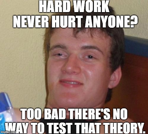 10 Guy | HARD WORK NEVER HURT ANYONE? TOO BAD THERE'S NO WAY TO TEST THAT THEORY. | image tagged in memes,10 guy | made w/ Imgflip meme maker