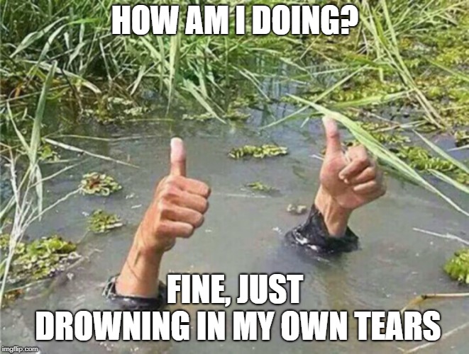 Drowning Thumbs Up | HOW AM I DOING? FINE, JUST DROWNING IN MY OWN TEARS | image tagged in drowning thumbs up | made w/ Imgflip meme maker