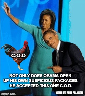 Manchelle Obama & the Suspicious Package. | C.O.D; NOT ONLY DOES OBAMA OPEN UP HIS OWN SUSPICIOUS PACKAGES. HE ACCEPTED THIS ONE C.O.D. MEME BY: PAUL PALMIERI | image tagged in michelle obama,suspicious package,barack obama,funny memes,hilarious memes | made w/ Imgflip meme maker