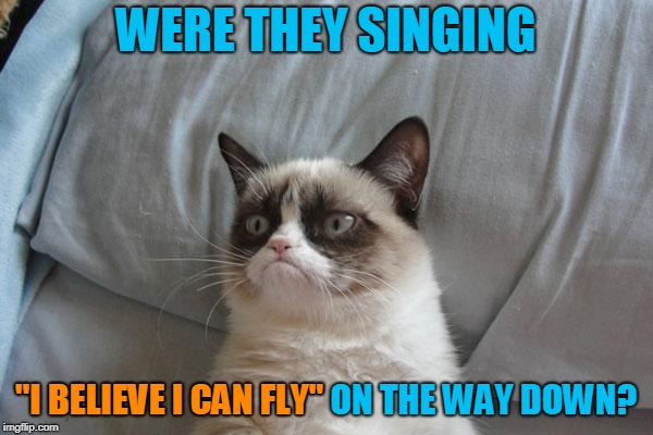Grumpy Cat Bed Meme | WERE THEY SINGING "I BELIEVE I CAN FLY" ON THE WAY DOWN? "I BELIEVE I CAN FLY" | image tagged in memes,grumpy cat bed,grumpy cat | made w/ Imgflip meme maker