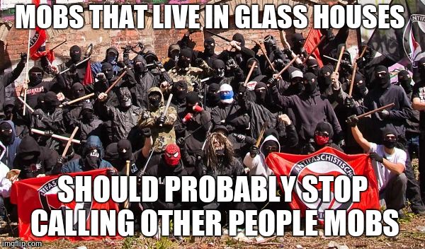 Antifa | MOBS THAT LIVE IN GLASS HOUSES SHOULD PROBABLY STOP CALLING OTHER PEOPLE MOBS | image tagged in antifa | made w/ Imgflip meme maker