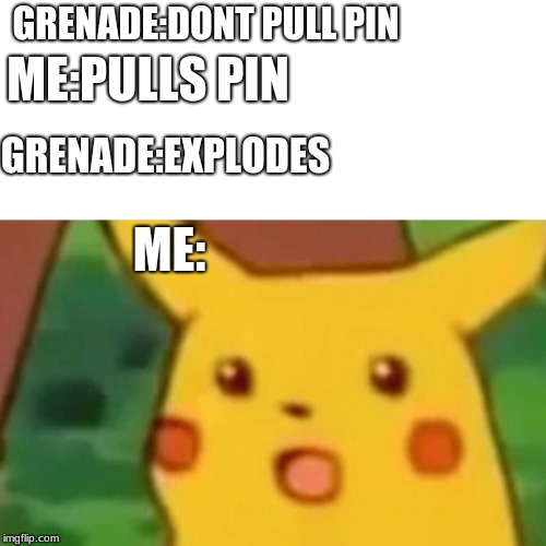 Surprised Pikachu Meme | ME:PULLS PIN; GRENADE:DONT PULL PIN; GRENADE:EXPLODES; ME: | image tagged in surprised pikachu | made w/ Imgflip meme maker