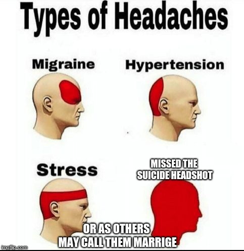 Types of Headaches meme | MISSED THE SUICIDE HEADSHOT; OR AS OTHERS MAY CALL THEM MARRIGE | image tagged in types of headaches meme | made w/ Imgflip meme maker