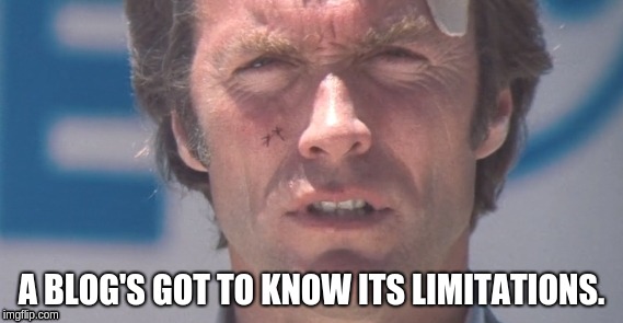A BLOG'S GOT TO KNOW ITS LIMITATIONS. | image tagged in dirty harry,limitations | made w/ Imgflip meme maker