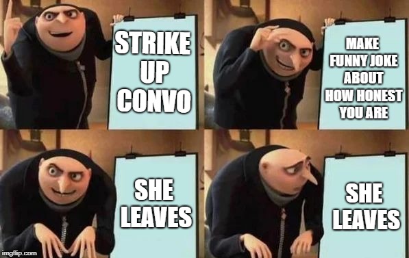 Gru's Plan Meme | MAKE FUNNY JOKE ABOUT HOW HONEST YOU ARE; STRIKE UP CONVO; SHE LEAVES; SHE LEAVES | image tagged in gru's plan | made w/ Imgflip meme maker