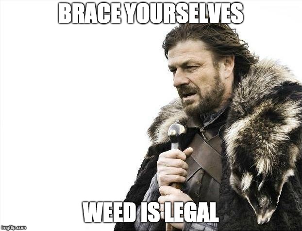 Brace Yourselves X is Coming Meme | BRACE YOURSELVES; WEED IS LEGAL | image tagged in memes,brace yourselves x is coming | made w/ Imgflip meme maker