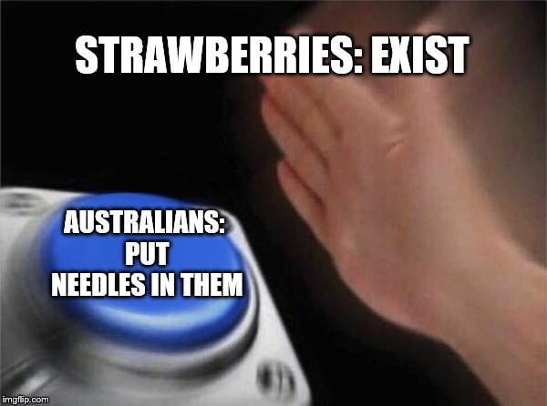 Blank Nut Button Meme | STRAWBERRIES: EXIST; AUSTRALIANS: PUT NEEDLES IN THEM | image tagged in memes,blank nut button | made w/ Imgflip meme maker