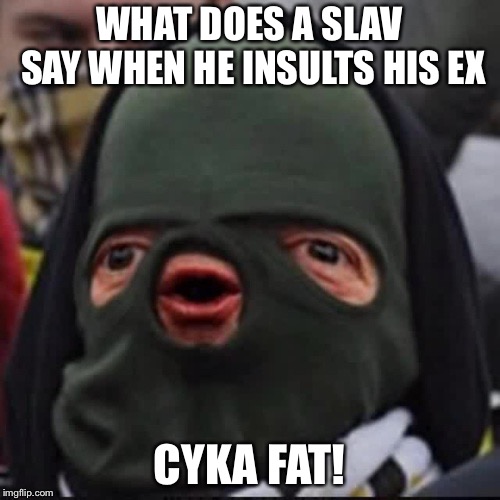 Lol | WHAT DOES A SLAV SAY WHEN HE INSULTS HIS EX; CYKA FAT! | image tagged in cheeki breeki,bad pun,memes,slav | made w/ Imgflip meme maker