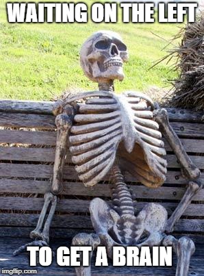 Waiting Skeleton | WAITING ON THE LEFT; TO GET A BRAIN | image tagged in memes,waiting skeleton | made w/ Imgflip meme maker