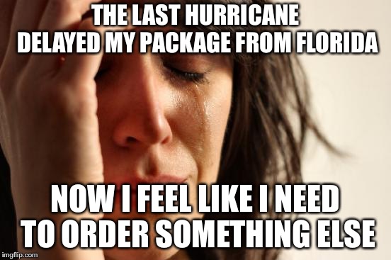 First World Problems Meme | THE LAST HURRICANE DELAYED MY PACKAGE FROM FLORIDA NOW I FEEL LIKE I NEED TO ORDER SOMETHING ELSE | image tagged in memes,first world problems | made w/ Imgflip meme maker