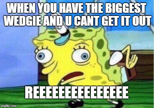 Mocking Spongebob Meme | WHEN YOU HAVE THE BIGGEST WEDGIE AND U CANT GET IT OUT; REEEEEEEEEEEEEEE | image tagged in memes,mocking spongebob | made w/ Imgflip meme maker
