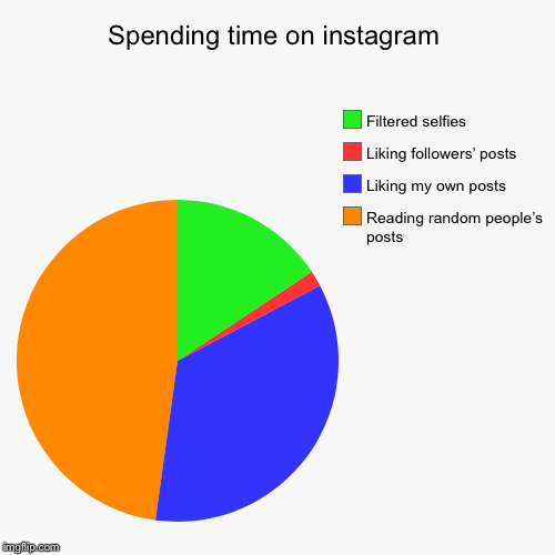 Spending time on instagram | Reading random people’s posts, Liking my own posts, Liking followers’ posts, Filtered selfies | image tagged in funny,pie charts | made w/ Imgflip chart maker